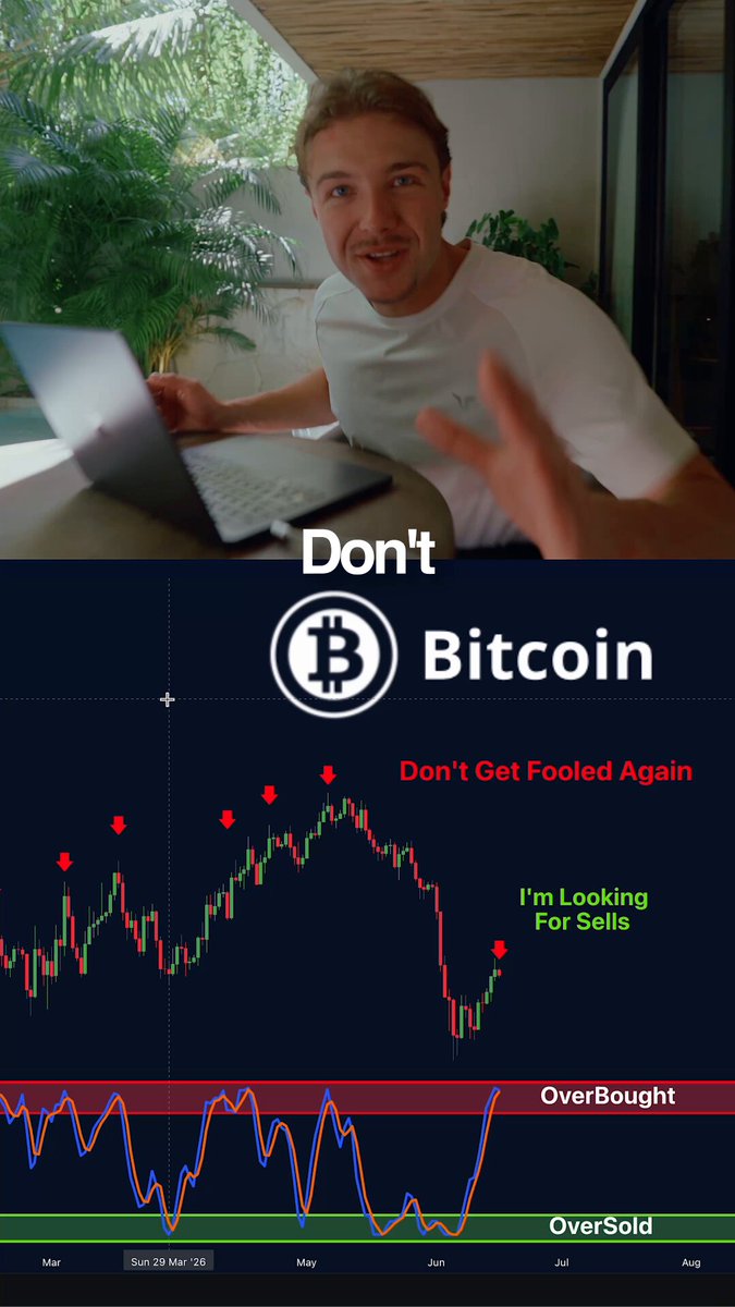 The image features a man sitting at his desk with a laptop, likely working or doing some sort of research related to Bitcoin. The background includes a picture of another person holding up a laptop screen that displays a graph of bitcoin prices over time. The main photo shows the Bitcoin price chart with red and green bars indicating daily fluctuations. The caption on the image reads "Don't Bitcoin: Don't get Fooled Again", suggesting an analysis or discussion related to Bitcoin trends in question.