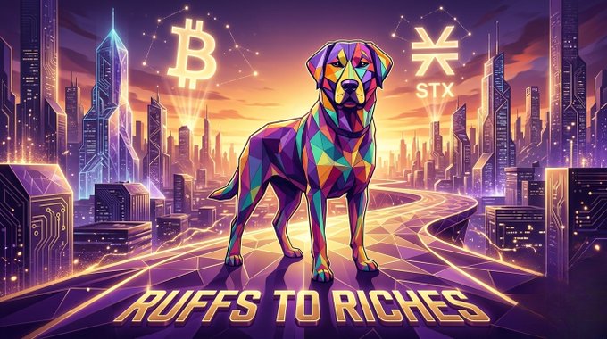 The image features a colorful cartoon dog standing in front of a city skyline at sunset. The text "Ruffs To Riches" is written above the dog, and there are three Bitcoin symbols placed around the dog's neck. The background includes buildings and a sky with a sunset, creating an urban setting for the scene.