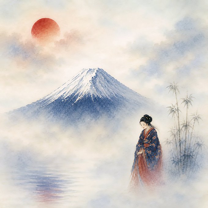 A watercolor painting depicting Mount Fuji partially veiled in mist, with a red sun hanging in the sky and a solitary woman in a blue floral kimono standing beside bamboo near a reflective body of water, evoking the tranquil "Misty Silence" theme highlighted in the post as a Tezos NFT artwork.