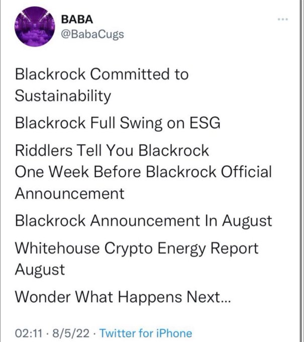 A tweet from user @BabaCugs dated 8/5/22 listing predictions and news items including 'Blackrock Committed to Sustainability,' 'Blackrock Full Swing on ESG,' 'Whitehouse Crypto Energy Report August,' and 'Wonder What Happens Next...'
