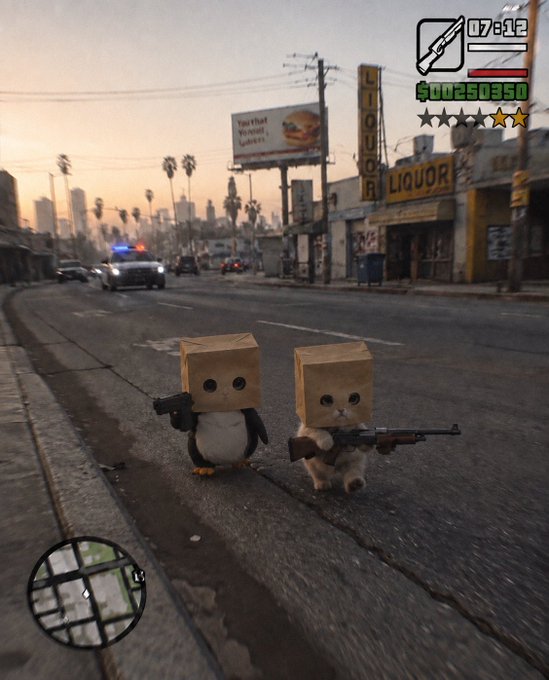 A GTA-style video game scene featuring a penguin and a cat wearing cardboard boxes on their heads and holding firearms on a street in Los Santos, with a wanted level of one star, $00250350, and 17 bullets.