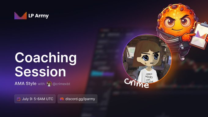 Promotional graphic for an LP Army "Coaching Session" AMA with @crimexbt on July 9, 5-6AM UTC, held in the LP Academy stage of the discord.gg/lparmy server, featuring cartoon avatars of the host alongside trading chart visuals.