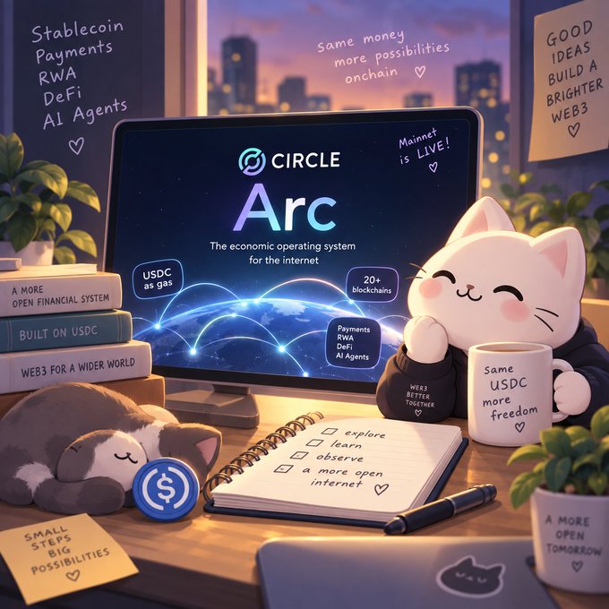 Illustration featuring a cute cat character with a computer displaying 'Circle Arc - The economic operating system for the internet' with features like USDC as gas, 20+ blockchains, and use cases including Payments, RWA, DeFi, and AI Agents.