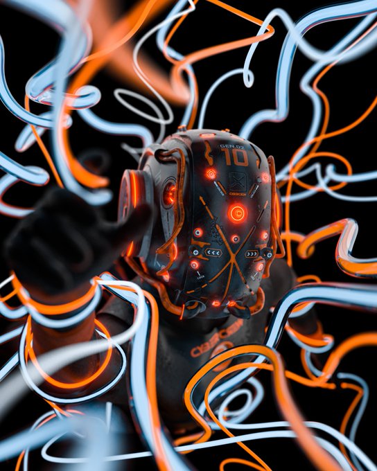 A futuristic cyborg or robot with glowing red eyes and an illuminated mask, surrounded by swirling blue and orange neon light trails in a dark setting.