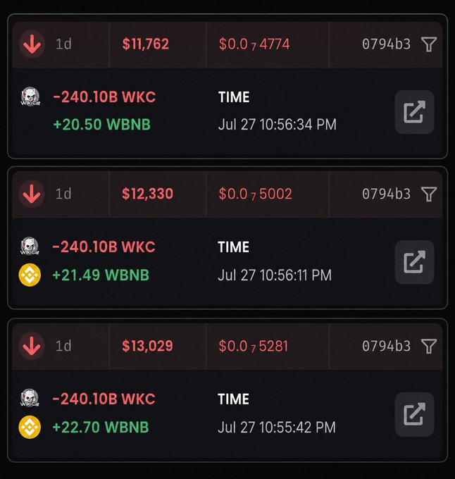 A screenshot displaying three cryptocurrency transaction records showing the WikiCat whale selling -240.10B WKC for +20.50 WBNB ($11,762), +21.49 WBNB ($12,330), and +22.70 WBNB ($13,029) on July 27th, illustrating the large token dumps referenced in the post about uneven WKC distribution.