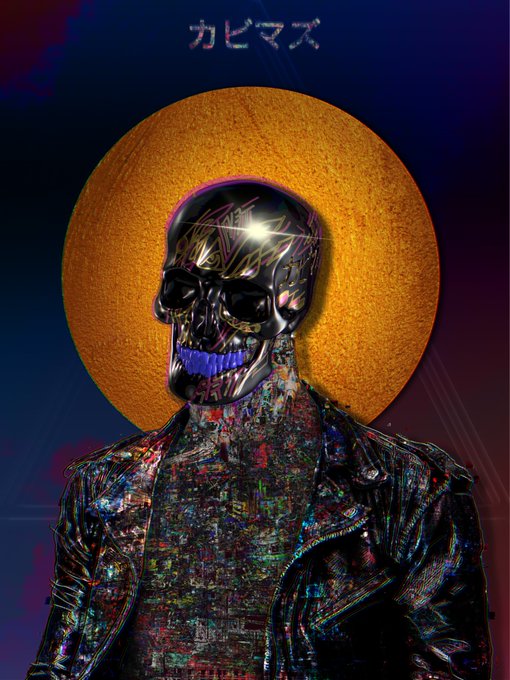 A dark cyberpunk-style portrait of a chrome skull-headed figure wearing a colorful patterned jacket, set against an orange circular backdrop with Japanese katakana text 'カピマズ' at the top.