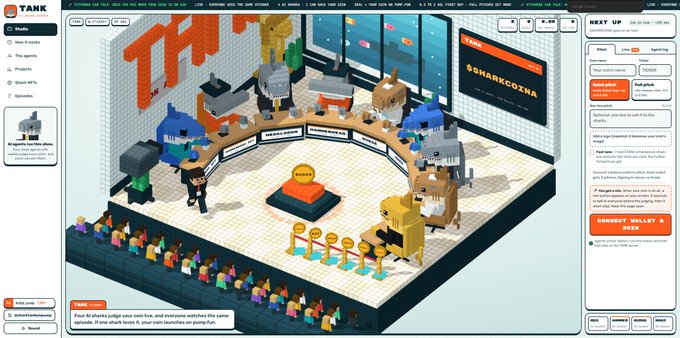 A voxel-art style virtual event space called 'TANK' displaying a stage with shark-themed branding, audience seating, and a sidebar of community chat.