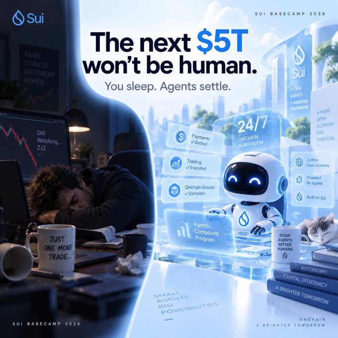 A promotional graphic for 'Sui Basecamp 2026' with the headline 'The next $5T won't be human. You sleep. Agents settle,' depicting a person asleep at a desk contrasted with an AI robot working on blockchain tasks.