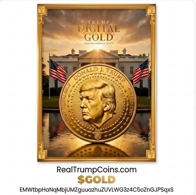 A promotional poster for 'Trump Digital Gold' featuring a gold coin with Donald Trump's profile, set against the White House with American flags. The text includes 'Crafting American Legacy', 'RealTrumpCoins.com', and a cryptocurrency address.