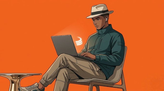An illustrated portrait of a man wearing a fedora, earbuds, and a teal jacket, working on a laptop against an orange background.