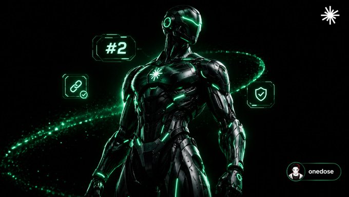 A sleek, black humanoid robot or armored figure glowing with green lights, featuring the number "#2" and icons for a link and a shield, with a user profile "onedose" in the corner.