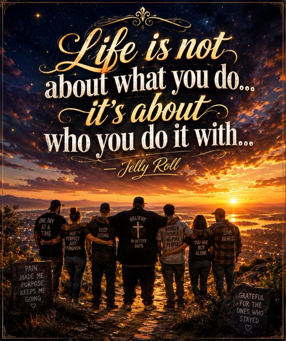 The image features a group of people standing together, with a sunset visible behind them. The caption reads "Life is not about what you do... It's about who you do it with." This quote from Jelly Roll, an artist and singer, seems to be related to the image as they are all posing for a photo in front of the sunset.

The post also includes some text that says "Some wise words from @JellyRoll615 I hope you like it Brother it was a pleasure seeing you perform again #Recoveryispossible #RCVRY". This message is related to the image, as it seems to be about appreciating and enjoying life's moments together.