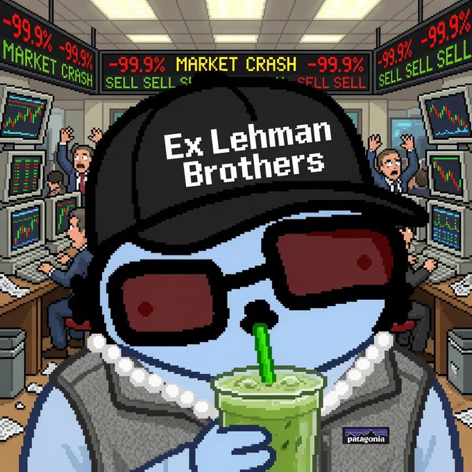 A cartoon illustration of a blue character wearing sunglasses and a black cap reading "Ex Lehman Brothers," calmly drinking a green smoothie while people in the background panic amid scrolling "MARKET CRASH -99.9% SELL SELL" signs.
