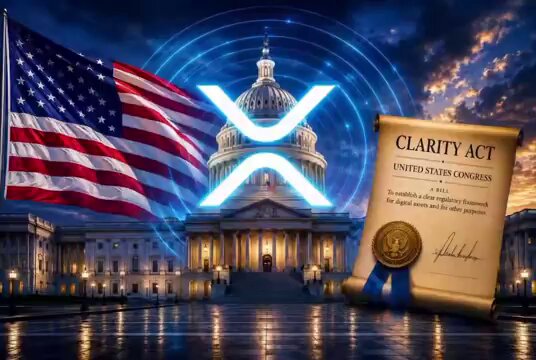 The image features an American flag with "X" written above it, a large building, and a document titled "CLARITY ACT WEEK". The text suggests that the U.S. Senate has recently passed the CLARITY Act, which could potentially lead to significant capital gains for those who invested in Bitcoin or other cryptocurrencies during this period.

The image also includes a caption about XRP, which is a digital token used as a medium of exchange on the Ethereum blockchain. The caption indicates that XRP is ready and can be bought with the capital gained from the CLARITY Act.