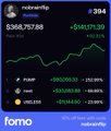 A portrait of "redeemflip" shows a crypto trader with a portfolio value of $368,717.88, displaying a +$43,171.30 (+13.28%) gain for the week. The image accompanies a post jokingly asking how to cash out $400k in crypto gains without paying taxes.