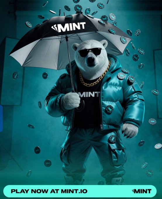 An advertisement for MINT featuring a polar bear wearing sunglasses, a gold chain, a teal puffer jacket, and holding a 'MINT' umbrella in falling coin rain, with 'PLAY NOW AT MINT.IO' at the bottom.