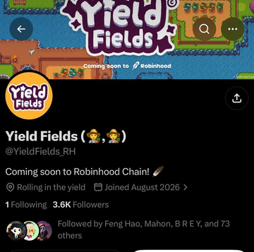 A Twitter/X profile for 'Yield Fields (@YieldFields_RH)' announcing 'Coming soon to Robinhood Chain!' with a pixel game-style header banner.