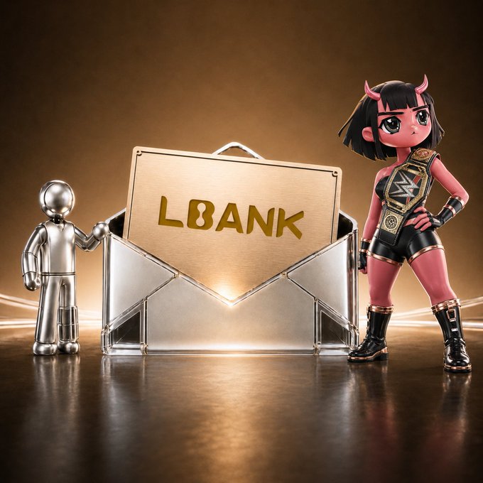 A metallic silver figure and a pink-skinned demon wrestler flank a glowing golden box displaying "LBANK," visually promoting LBank's referral campaign. The image's luxurious, reward-themed aesthetic reinforces the post's invitation to earn up to 60 USDT per friend invited.