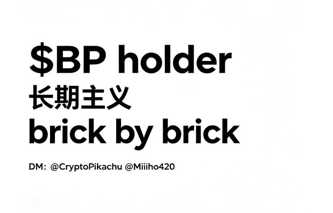 A black and white graphic reading '$BP holder 长期主义 brick by brick' along with 'DM: @CryptoPikachu @Miiho420'.