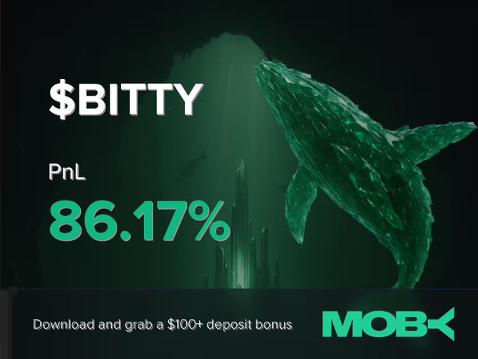 A promotional graphic for Moby features a green whale made of crystalline material swimming upward, highlighting a "Win Alert" for $BITTY with a PnL of 86.17%, alongside a $100+ deposit bonus offer. The image visually reinforces the post's message of a highly profitable trade closed on the Moby mobile platform.