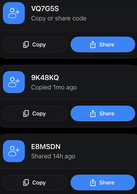 A dark-themed app interface displays three share codes: VQ7G5S, 9K48KQ (copied 1 month ago), and E8MSDN (shared 14 hours ago), each with Copy and Share buttons.