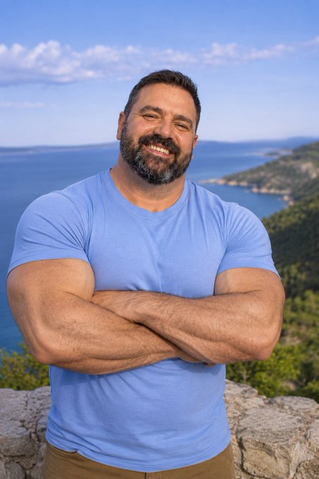 The image features a man with a beard wearing a blue t-shirt, standing next to a stone wall or rock ledge overlooking a body of water. He has his arms crossed over his chest and appears to be smiling for the camera. The caption "make starknet great again" is written in white text at the bottom right corner of the image. This suggests that the man's facial expression and pose could be related to an advertisement or promotion for a product, service, or brand.