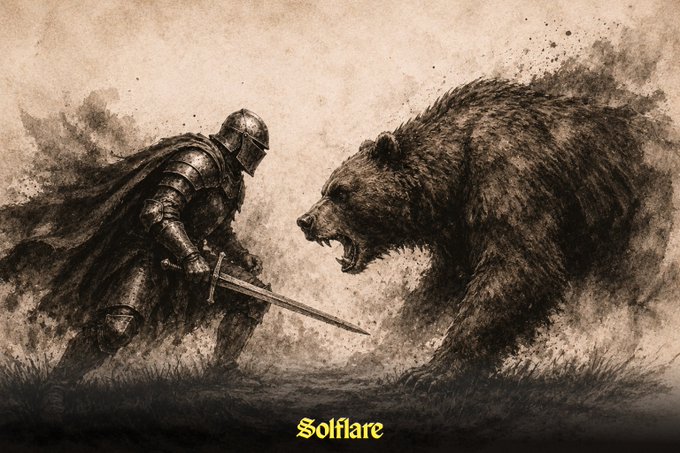 A lone knight in dark armor stands ready with sword drawn against a massive roaring bear in this ink-splattered illustration, with the text "Solfiare" displayed below. The image powerfully evokes the post's message of steadfast defiance, as the small armored figure embodies courage and resolve against overwhelming odds.