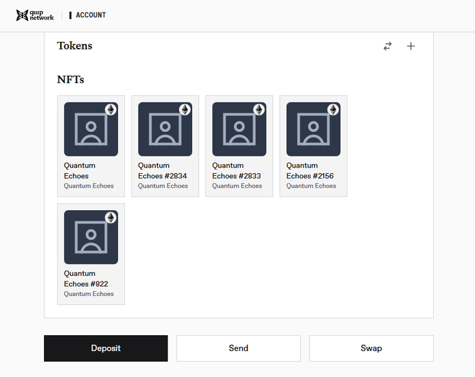 Screenshot of a guqr Network account page showing a Tokens/NFTs section with five Quantum Echoes NFTs (#2834, #2833, #2156, #822, plus one other), along with Deposit, Send, and Swap buttons.