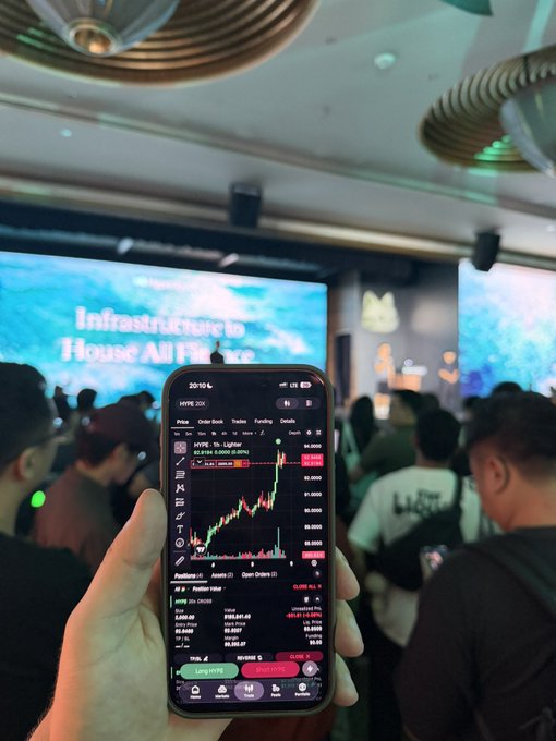 A person's hand holding a smartphone showing a trading chart on the Hyperliquid app, with an 'Infrastructure is House All the Time' presentation screen visible in the background.