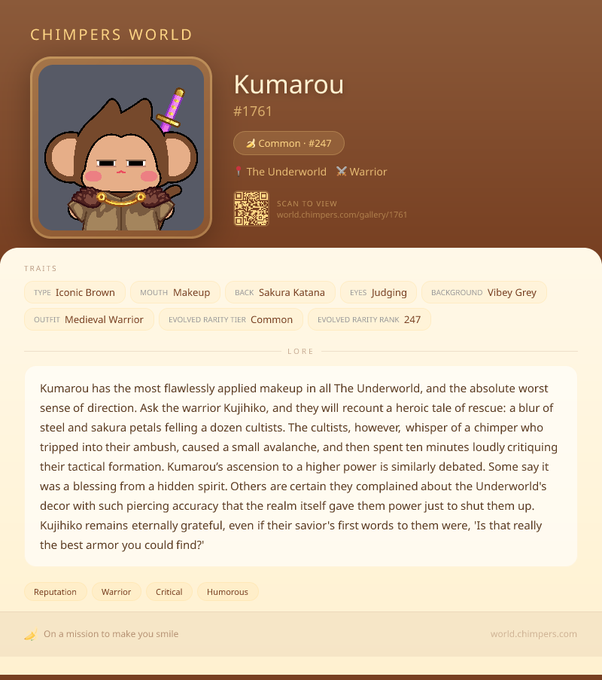 The image shows a webpage with a profile picture of a cartoon monkey wearing a brown jacket. The text on the page provides information about the character Kumariou from the video game Chimpers World, including her name, age, and the game she plays. The website also mentions that the game is available for download at www.chimpsworld.com.