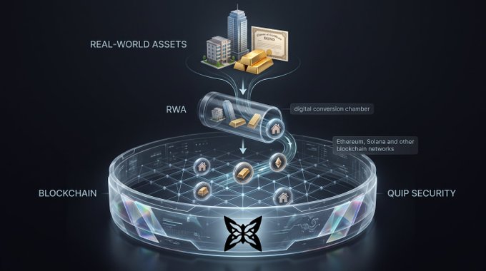 An infographic depicting "Real-World Assets" (RWA) flowing through a "digital conversion chamber" into a blockchain network labeled with "QUIP SECURITY".