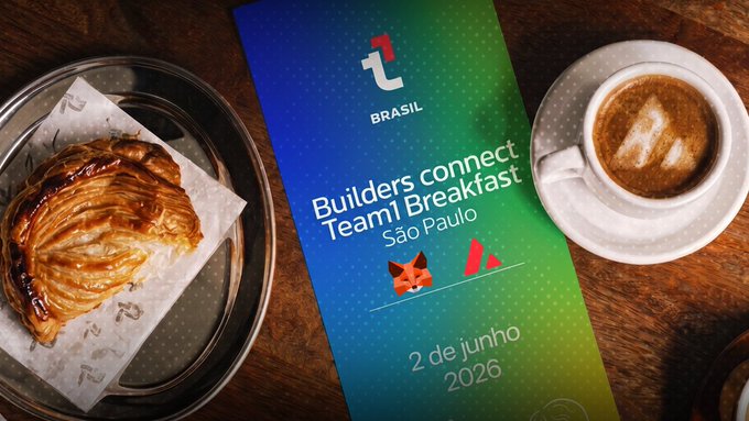 The image features a wooden table with various items placed on top of it. There are two plates - one containing a pastry or croissant, and another empty plate. A cup of coffee can be seen next to the plates. The background is blue, which appears to be part of an advertisement for a breakfast event. The text in the image includes information about a breakfast event happening on June 2nd at a café called "São Paulo".