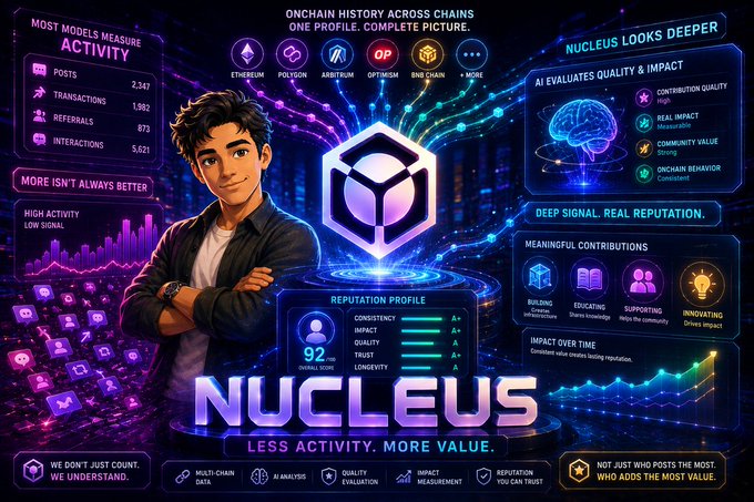 A promotional graphic for 'NUCLEUS' featuring a cartoon character and text including 'ONCHAIN HISTORY ACROSS CHAINS. ONE PROFILE. COMPLETE PICTURE.' and 'LESS ACTIVITY. MORE VALUE.'