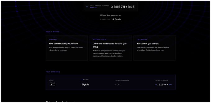 The image depicts an online advertisement, likely promoting a product or service, with a focus on rewards and recognition within the context of the #arx community at Arcium. The website design seems simple and clean, featuring purple and green elements throughout. The primary text displayed in large white letters reads "Over a year in the @Arcium ecosystem and it paid off with rewards and recognition. major win here is getting recognized as a patron." This information is directly relevant to viewers, drawing attention to the advertisement's purpose of rewarding users for their time spent on the platform.