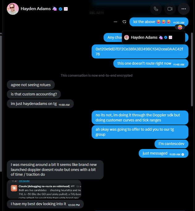 A screenshot of an encrypted Messenger conversation with Hayden Adams (Uniswap founder) shows the user claiming their newly launched Doppler token routes correctly while similar tokens fail, citing a Robinhood test result indicating both candidates are live. This supports the post's narrative that the user is competing with copycat projects using Uniswap's tech, promoting the ticker $SQUEEZE and contract address 0xf444f3c77c77a33f7c8d8fcab8a1e88afb843da5.