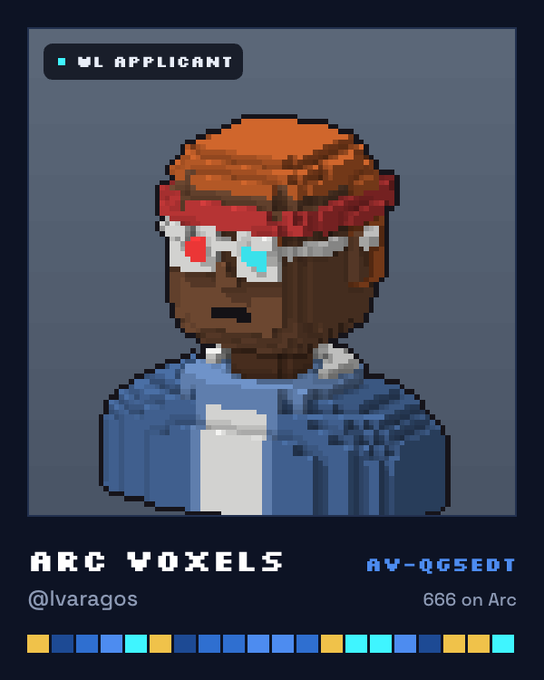 A pixel art avatar of a character wearing a red bandana and blue jacket, labeled 'WL APPLICANT' and 'ARC VOXELS' with the handle '@lvaragos' and ID 'AV-QG5EDT'.