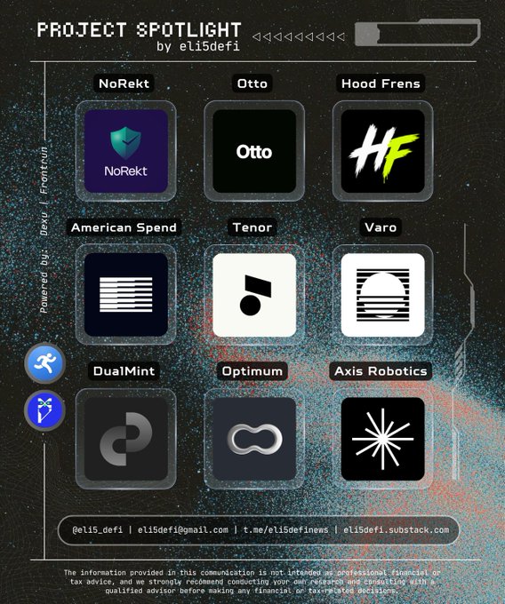 A "PROJECT SPOTLIGHT by eli5defi" graphic displaying nine crypto project tiles including NoRekt, Otto, Hood Frens, American Spend, Tenor, Varo, DualMint, Optimum, and Axis Robotics, powered by Dexu/Fronteuir.