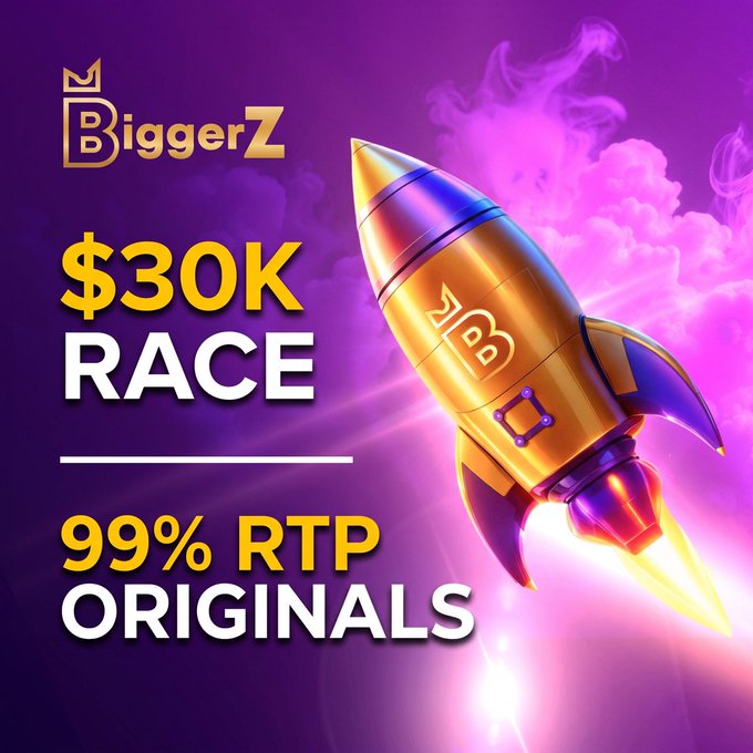 A vibrant promotional graphic features the "BiggerZ" logo in the top left corner and a metallic rocket ship with a sleek, golden-copper finish blasting off diagonally against a dramatic backdrop of purple and pink clouds and bright light trails. The image highlights two main promotional offers in bold yellow and white text: a "$30K RACE" and "99% RTP ORIGINALS," directly supporting the post's announcement of a $30,000 leaderboard prize for hitting a 30X multiplier on the Mines game.