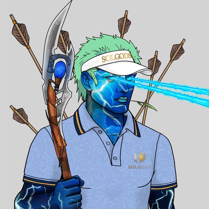 A blue-skinned anime-style character with green hair, a 'SOLGODS' visor, lightning eyes, and arrows pierced through his body wields a large ornate sword.