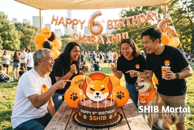A lively outdoor celebration marks Shiba Inu's 6th birthday with a cake reading "Happy 6th Birthday $SHIB," balloon banners saying "Happy 6th Birthday Shiba Inu," and a real-life Shiba dog named "Kiko" wearing a $SHIB bandana, as smiling partygoers—dressed in matching Shiba-themed shirts—cheer beside the festive spread. The image visually echoes the post's celebration of the $SHIB community's endurance and togetherness through six years of crypto ups and downs.
