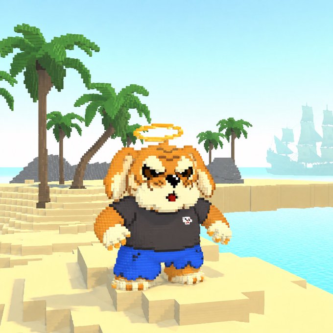 A voxel-style Shiba Inu character wearing a black shirt and blue shorts with a golden halo stands on a sandy beach with palm trees and a ship visible in the background.