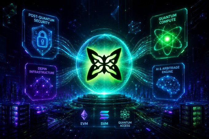 A futuristic digital graphic featuring a glowing butterfly/fox logo surrounded by tech elements labeled 'POST-QUANTUM SECURITY,' 'QUANTUM COMPUTE,' 'DEPIN INFRASTRUCTURE,' and 'AI & ARBITRAGE ENGINE,' with EVM, SVM, and Quantum Access at the bottom.