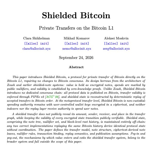 An academic paper titled 'Shielded Bitcoin: Private Transfers on the Bitcoin L1' by Clara Shikhelman, Mikhail Komarov, and Aleksei Moskvin, dated September 24, 2026.