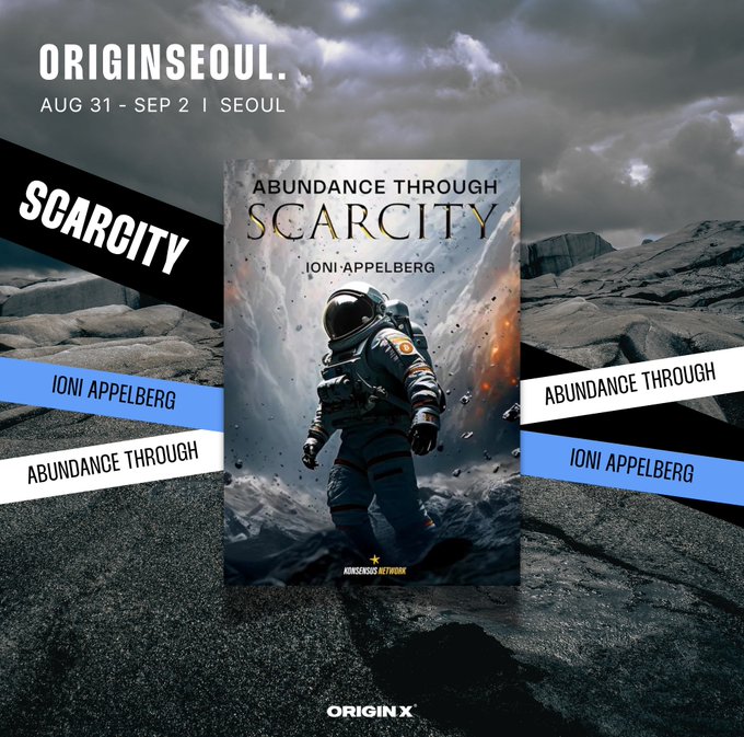 Promotional graphic for ORIGINSEOUL (Aug 31 – Sep 2) featuring the book "Abundance Through Scarcity" by Ioni Appelberg, with an astronaut cover design, highlighting that attendees can get a signed copy at the conference.