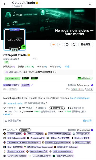 The image is a screenshot of the Catapult Trade profile page on what appears to be a social trading platform, showing follower statistics (122 followers), community labels (DeFi, DEX), and notable KOLs associated with the project. The post highlights an upcoming whitelist for 4,444 NFT PFPs with a September 30 mint deadline, while the profile showcases Catapult's credentials including $6.6M raised and backing from KuCoin Ventures, supporting the urgency of joining early.