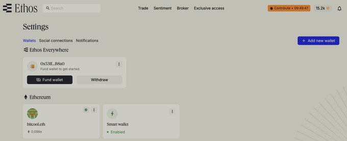 A screenshot of the Ethos cryptocurrency platform's Settings page showing wallet options including Ethos Everywhere (0x534...89a0), bitcoil.eth (0.098 eth), and an enabled Smart wallet, with a navigation menu featuring Trade, Sentiment, Broker, and Exclusive access.