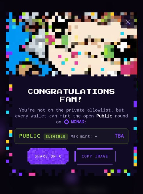 A pixel art congratulations screen reading 'CONGRATULATIONS FAM! You're not on the private allowlist, but every wallet can mint the open Public round on MONAD' with a 'PUBLIC ELIGIBLE' status and Max mint marked TBA.