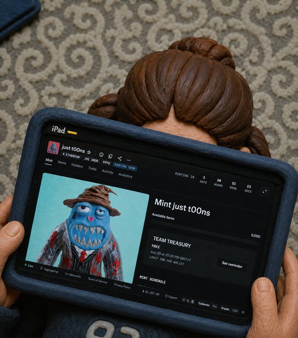 A 3D-rendered figure with brown hair holds an iPad displaying a webpage for 'just t00ns' featuring a cartoon character wearing a brown hat, with minting details and available items listed.