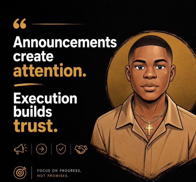 The image features an illustrated portrait of a young Black man wearing a cross necklace, alongside bold text declaring "Announcements create attention. Execution builds trust." with a tagline "Focus on progress, not promises," reinforcing the post's message that lasting value comes from follow-through rather than hype.