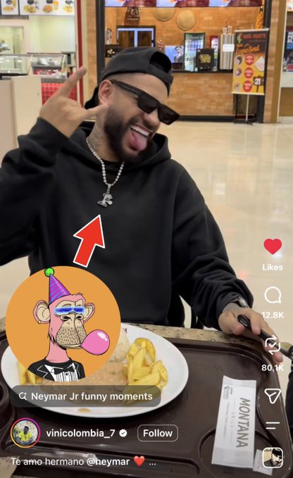 Neymar Jr. sticks out his tongue and flashes a peace sign while eating at Montana, proudly wearing a Bored Ape Yacht Club NFT pendant visible on his chain, tying into the caption's point about his crypto enthusiasm. The Instagram clip, captioned "Té amo hermano @neymar," highlights how he's one of the few celebrities publicly repping his Bored Ape in 2026.
